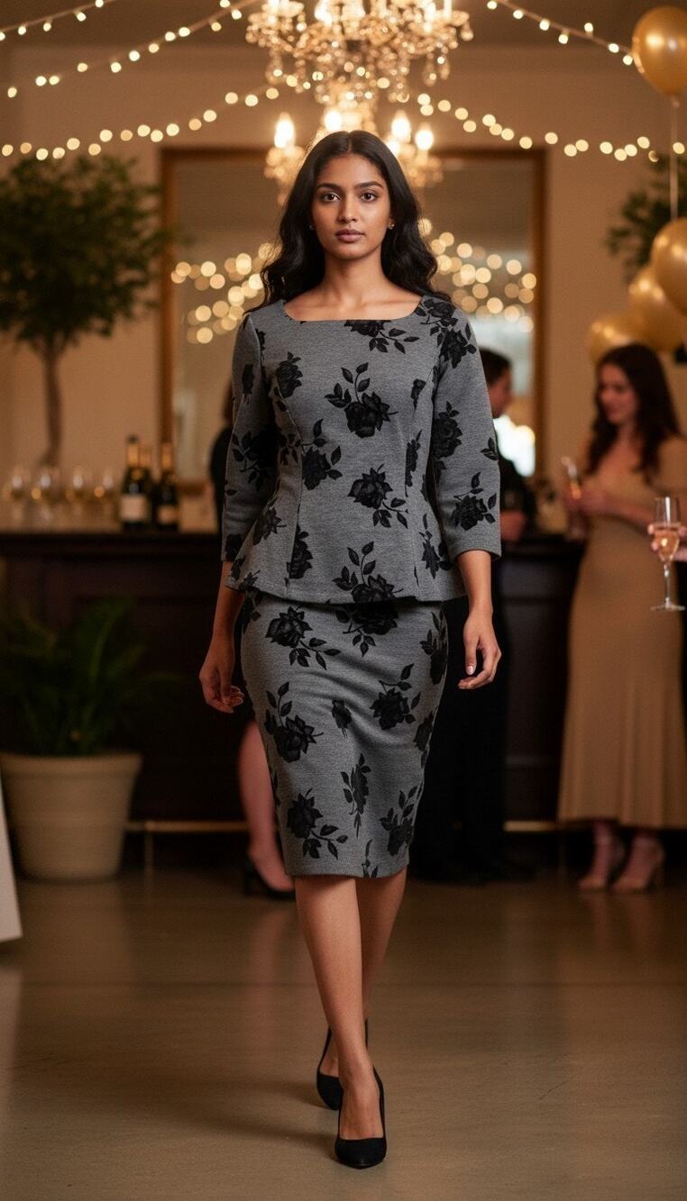 WHBM Floral Ponte Grey and Black Peplum Floral Set